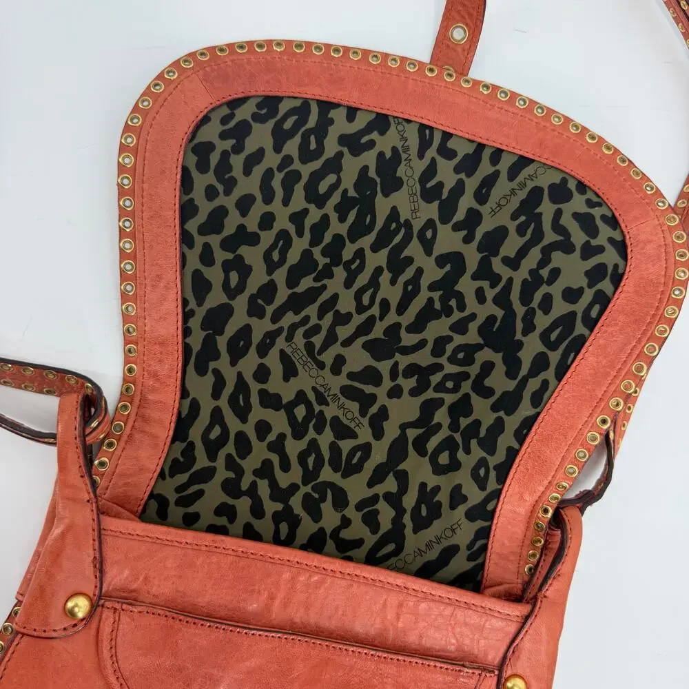 VTG Burnt Orange Leather Studded Crossbody Bag Boho Saddle Purse Rebecca Minkoff